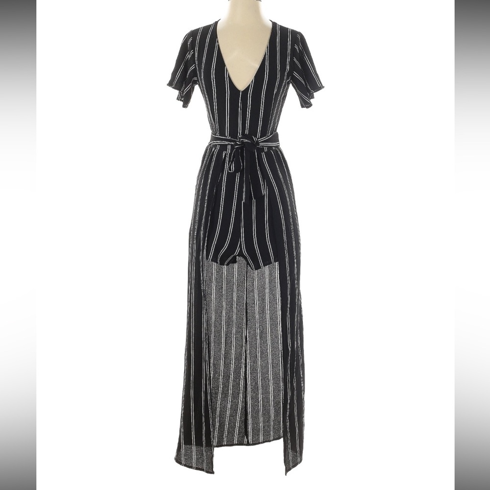 Crystal Doll Elegant Black and White Striped Overlay Hem Romper - Picture 1 of 8